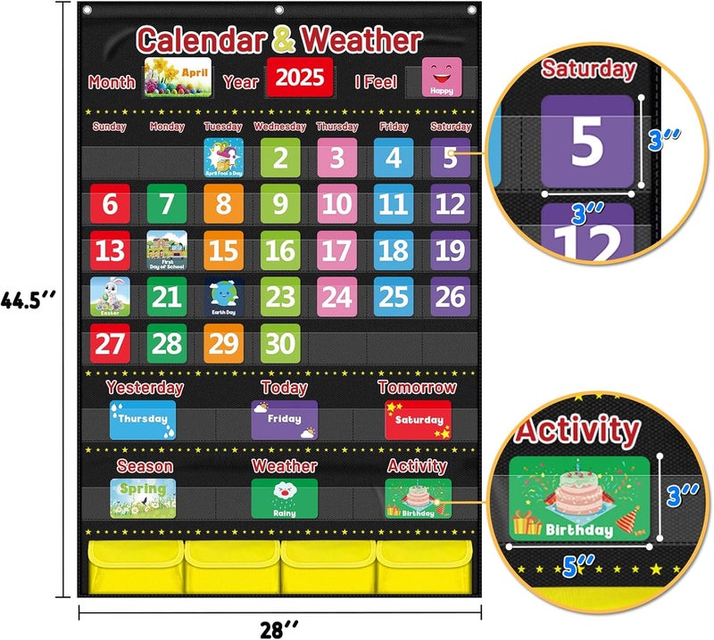 AKAYOK Calendar and Weather Pocket Chart for Kids Learning, Large 44.5”x28” Homeschooling Calendar Pocket Chart with 113 Cards, Teacher and Back to School Supplies - Image 5